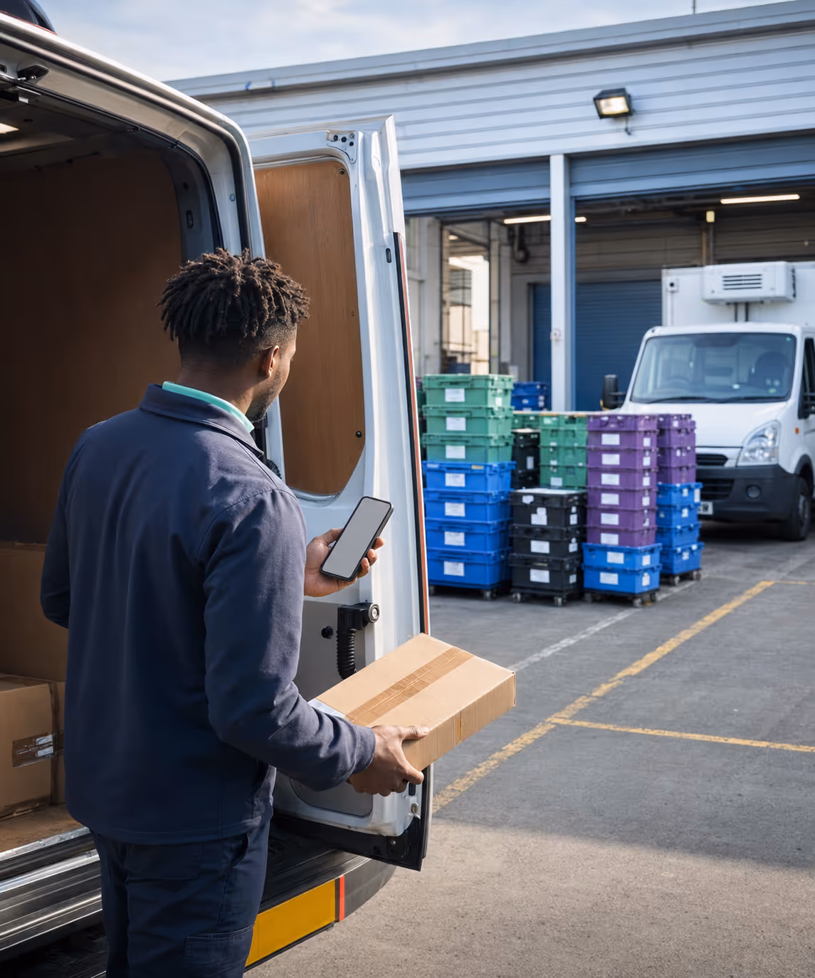 RouteMagic-equipped 3PL last-mile van on a multi-client run, with live Route Monitor and ePOD on the driver tablet.