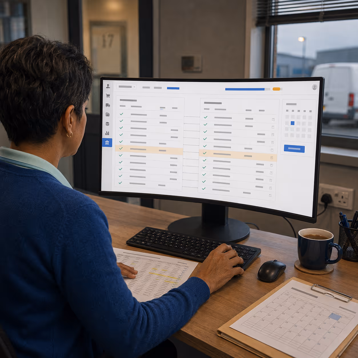 A finance team running RouteMagic Clarity — sales ledger, purchase ledger and nominal browse open across screens with live drill-down balances.
