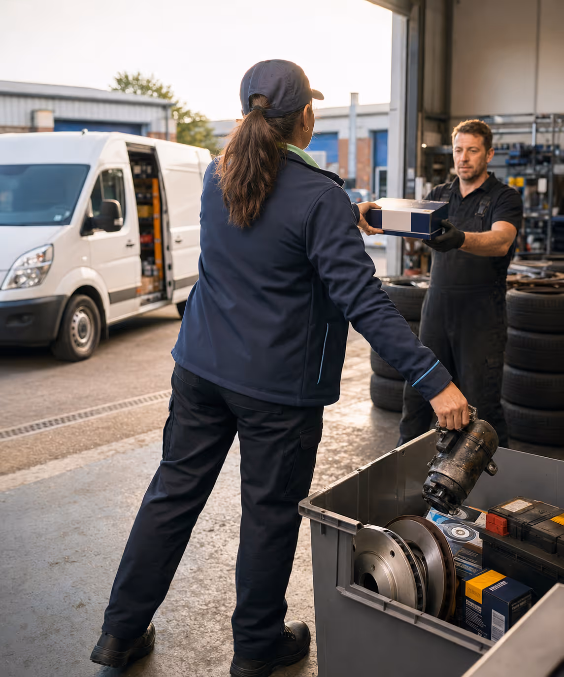 RouteMagic-equipped automotive parts delivery van completing its end-of-day branch return after a multi-drop garage round.