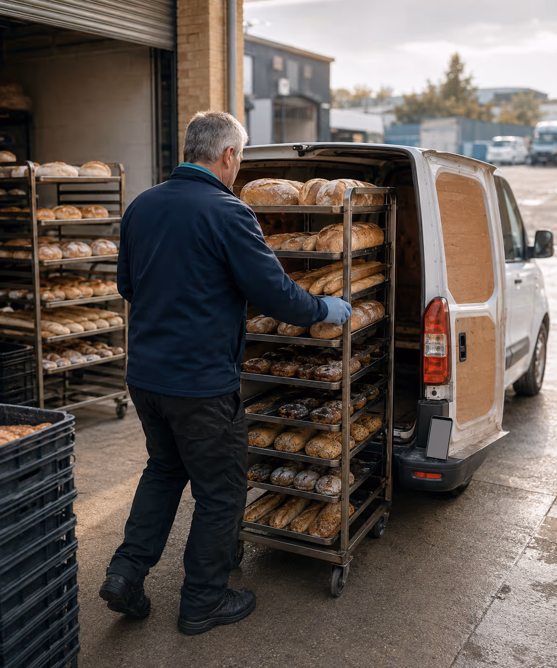 A bakery delivery van loaded with fresh morning goods, ready for the pre-dawn DSD round.