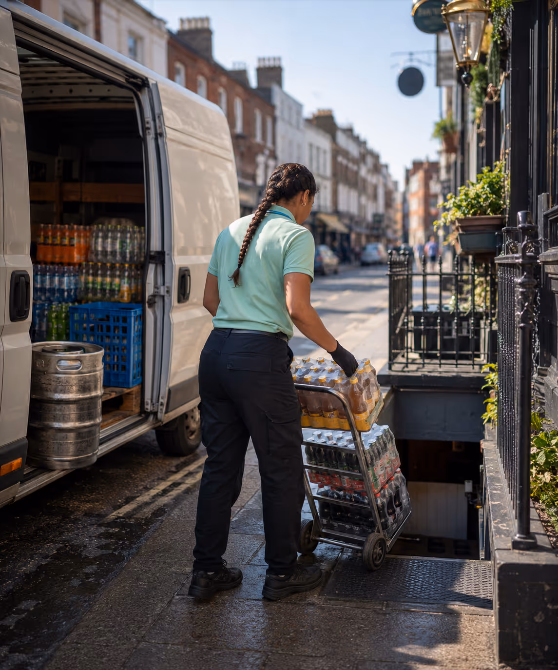 A beverages delivery van loaded with cases of soft drinks, ready for a dense urban DSD beat.