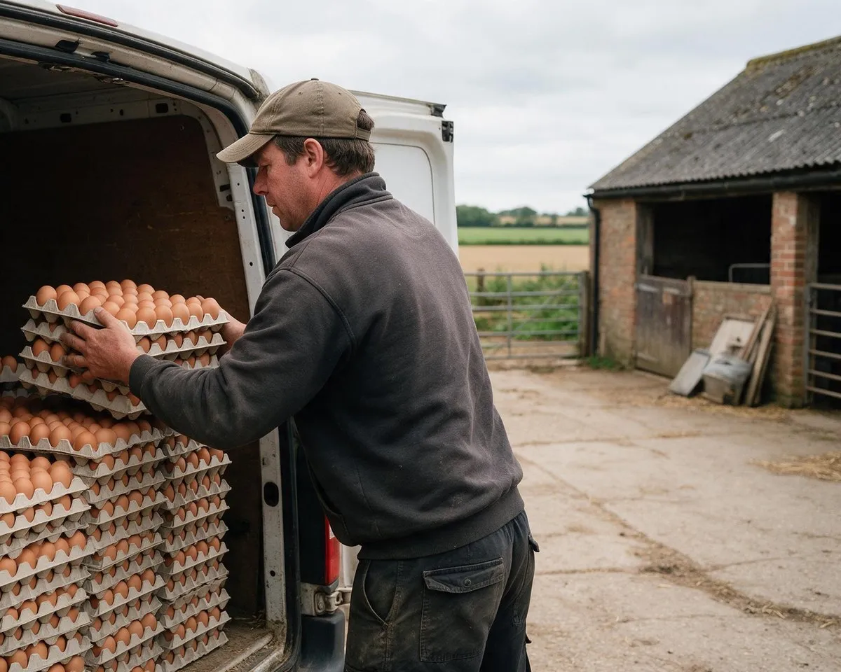 Farm worker in a cap loads stacked trays of brown eggs into a white van beside an old brick barn