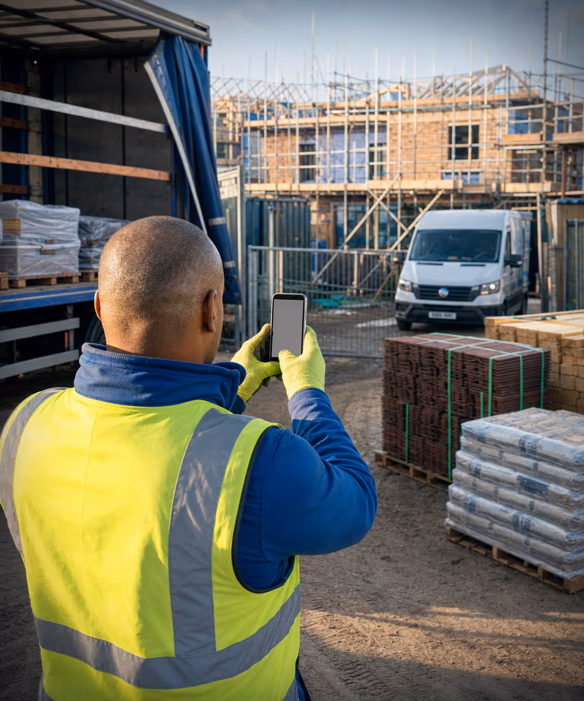 RouteMagic-equipped trade-supplies merchant van loaded with building materials, en route to a multi-drop site round.