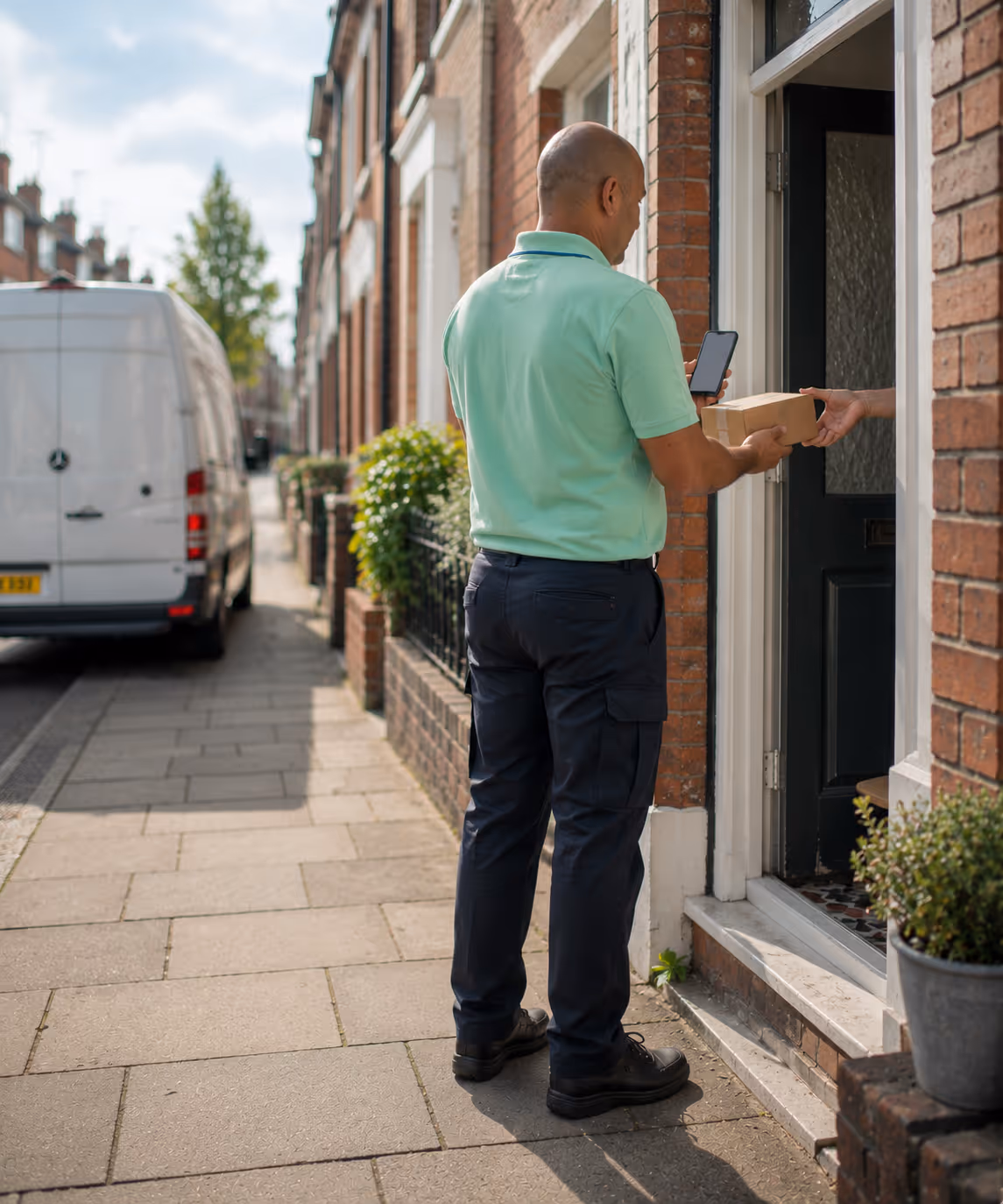A consumer-facing delivery van out on a D2C last-mile route, with live tracking on the customer’s phone.