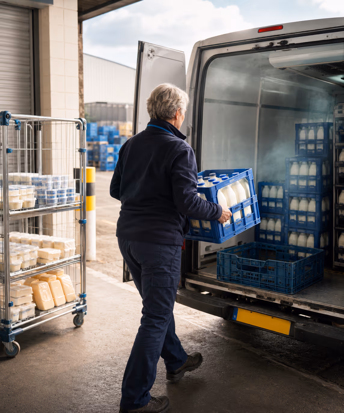 A chilled dairy delivery van on a pre-dawn route, loaded with fresh milk and cheese for the multiple-store run.