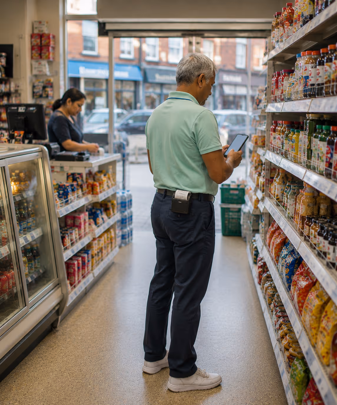 A field sales rep at a grocery shopfront placing an order on the RouteMagic app while the shopkeeper checks her own counter.