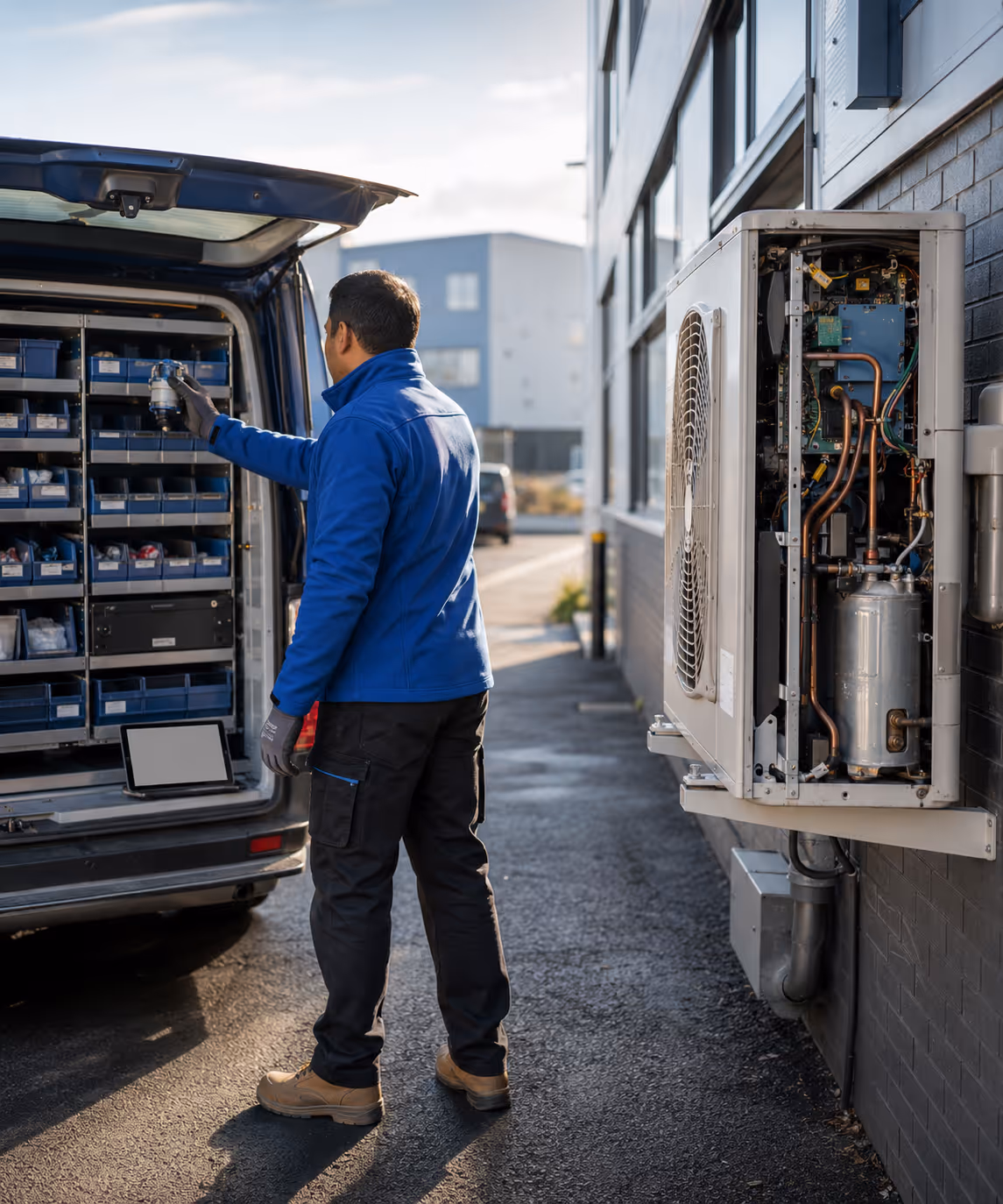 Field-service engineer completing a job on a RouteMagic tablet, with parts pulled from on-van boot stock.