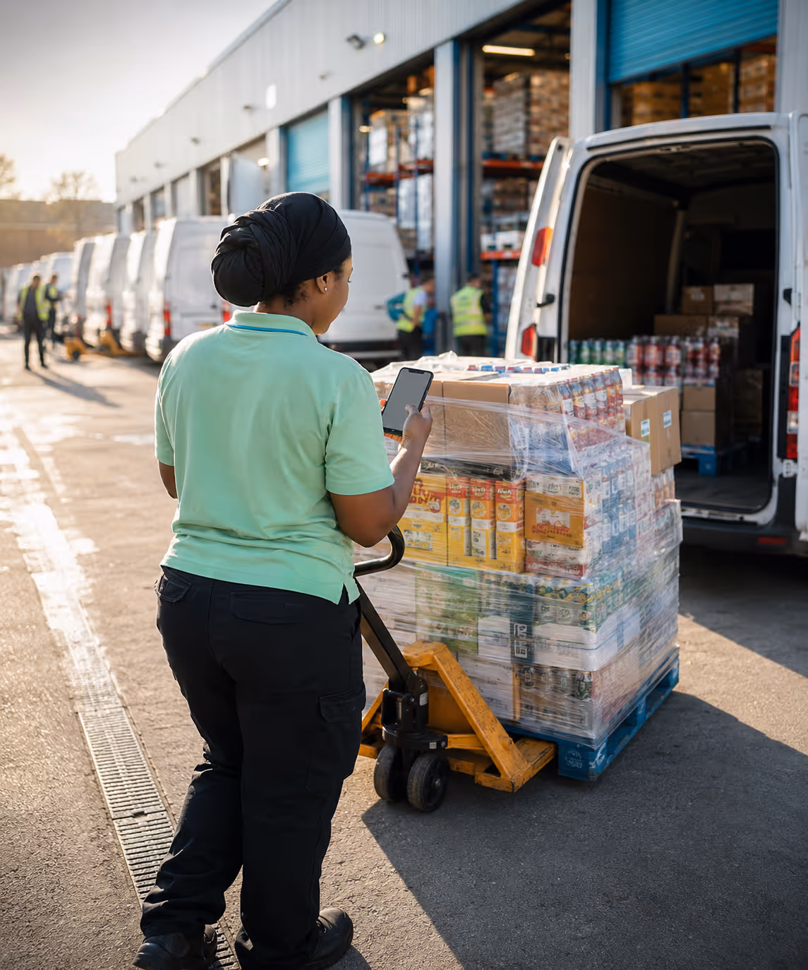 FMCG delivery vans loading at the depot ready to run a day of wholesale and van-sales drops.