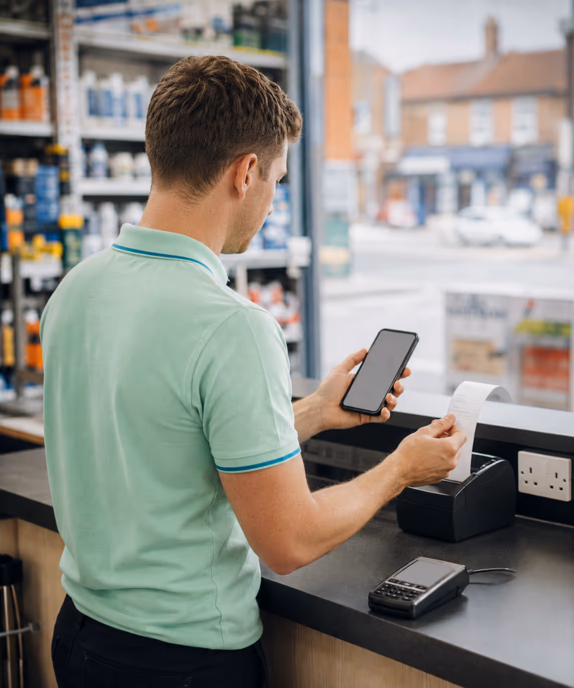 A shopkeeper at the till of a small independent retail store, scanning a barcode on the RouteMagic POS app, with a cash drawer and receipt printer beside.