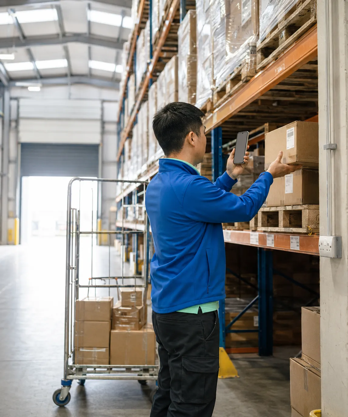 Warehouse operator scanning a barcode in the RouteMagic Warehouse App.