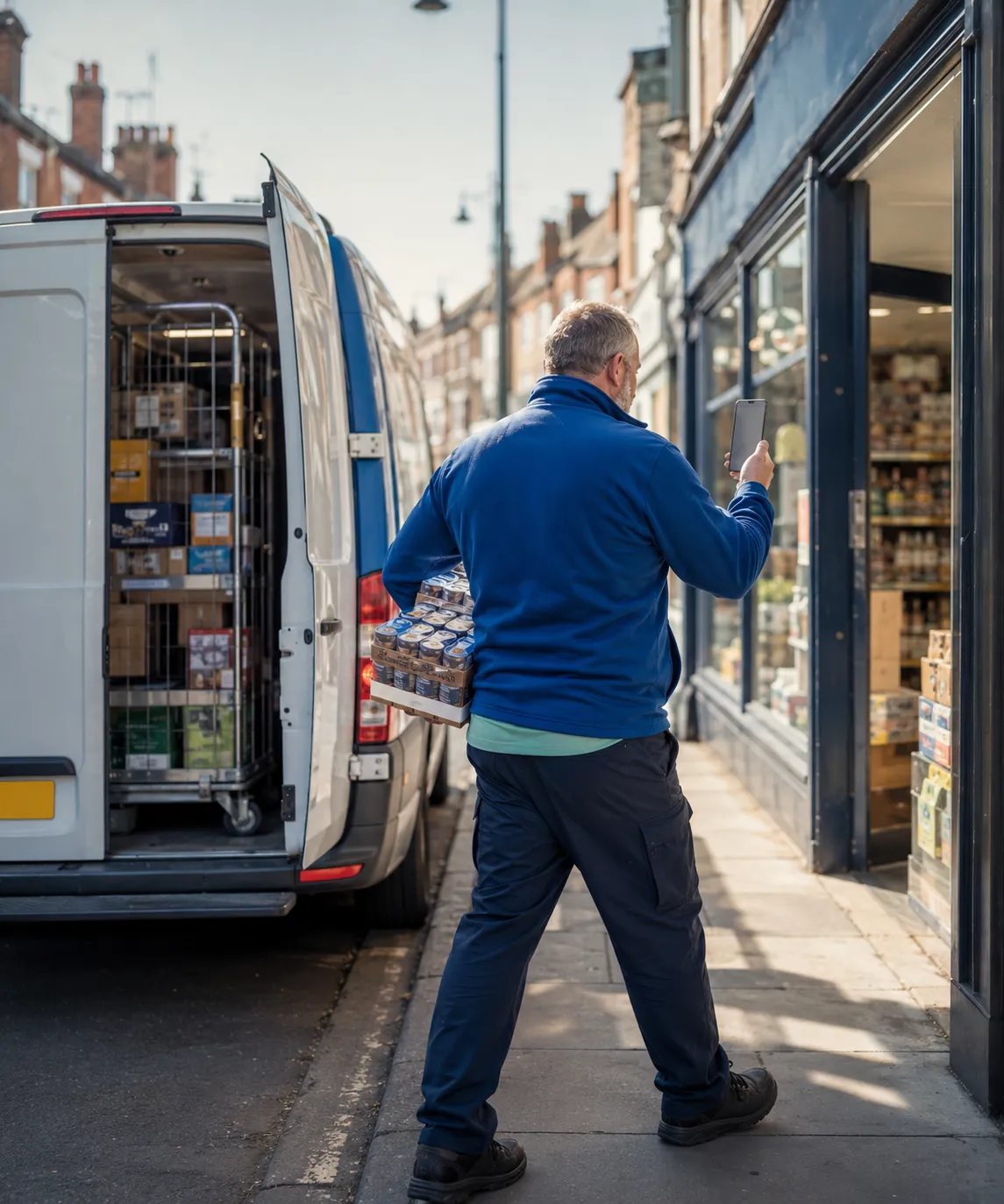 Driver using the RouteMagic mobile app on a delivery round.