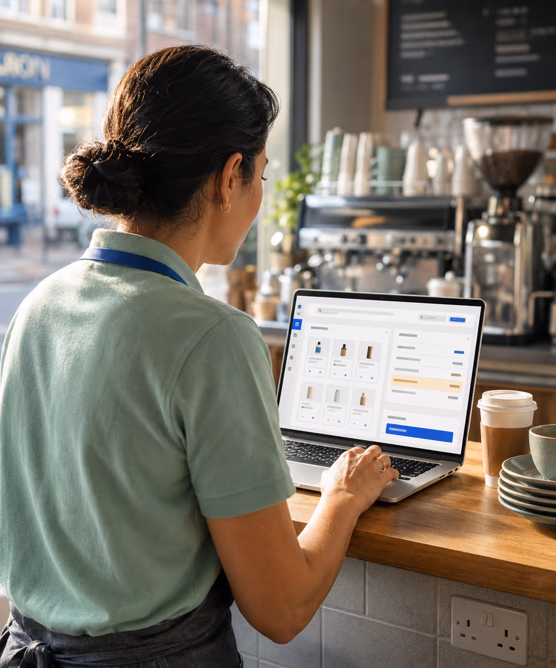 Trade customer placing a self-service order on the branded RouteMagic Client Portal from a laptop.