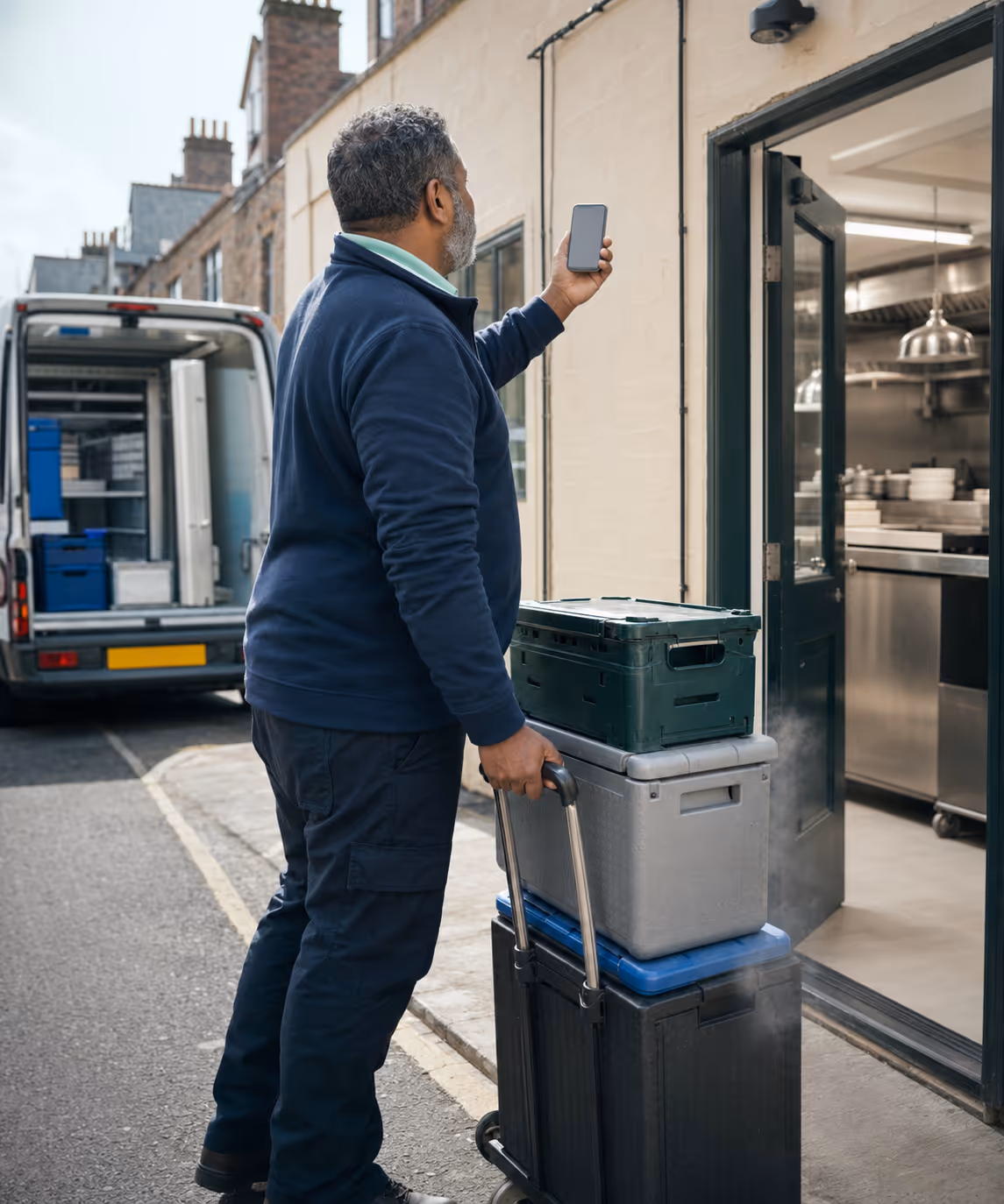 A multi-temperature HoReCa supply van delivering ambient, chilled and frozen lines at the kitchen back door before opening.