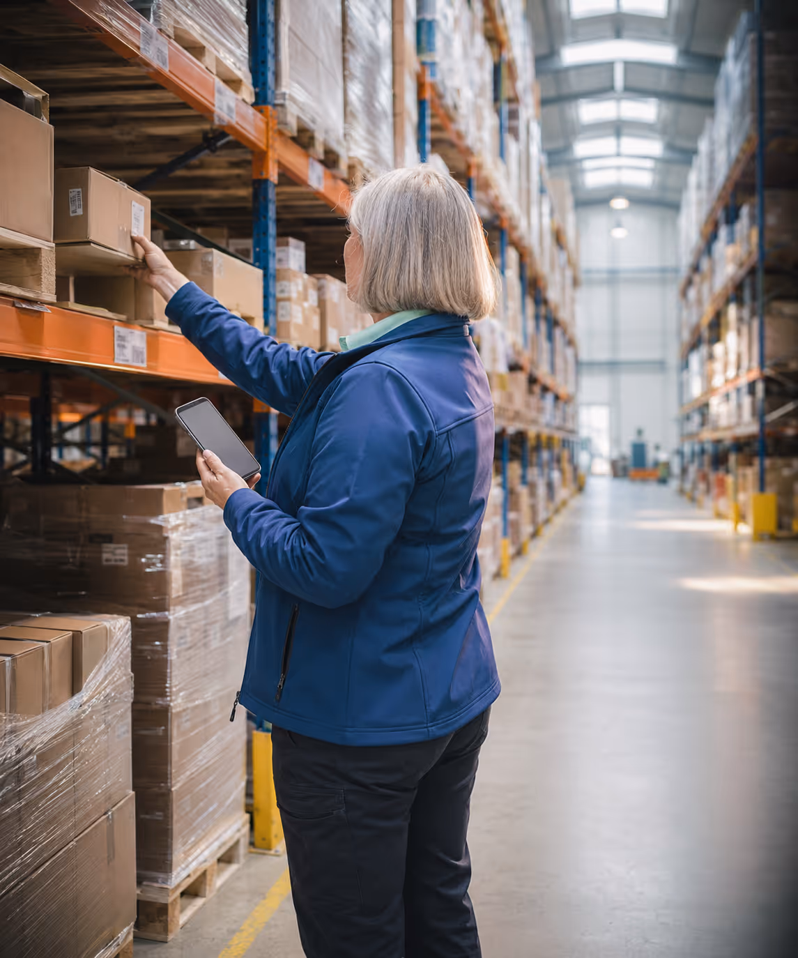 A warehouse operator picking against the RouteMagic warehouse app with batch & expiry capture on every line.