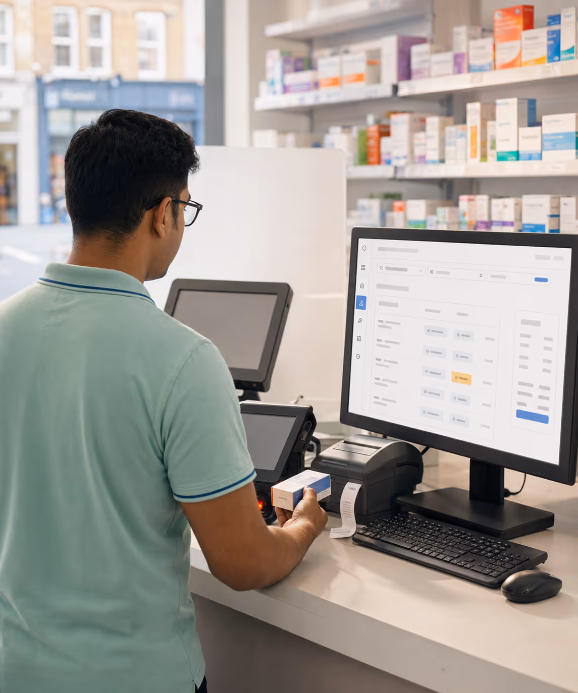 A pharmacist at the dispensary counter scanning a batch on the RouteMagic POS, prescription record open beside.
