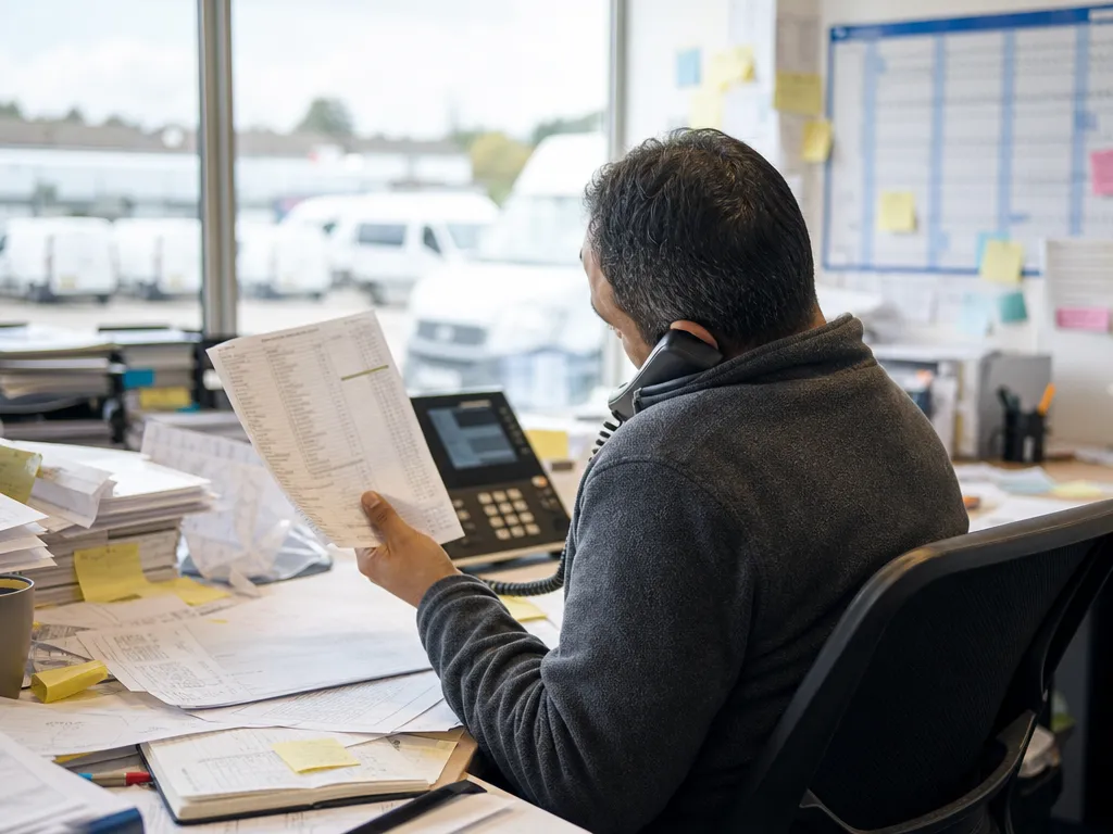 A depot dispatcher stuck on the phone chasing a driver for an ETA, a paper run-sheet in hand.