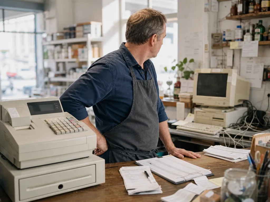 A shop owner caught between a bulky legacy cash register at the counter and a separate, tired back-office PC.