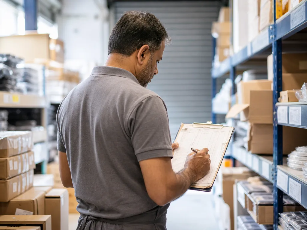 A buyer reordering on hunch from a creased paper stock sheet against half-empty stockroom shelves.