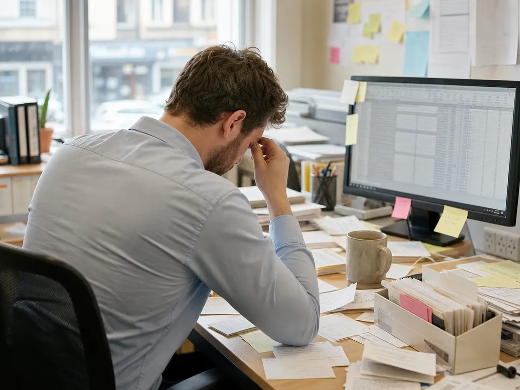 An office worker buried in scattered paper customer cards and sticky notes, no single source of truth for the customer record.