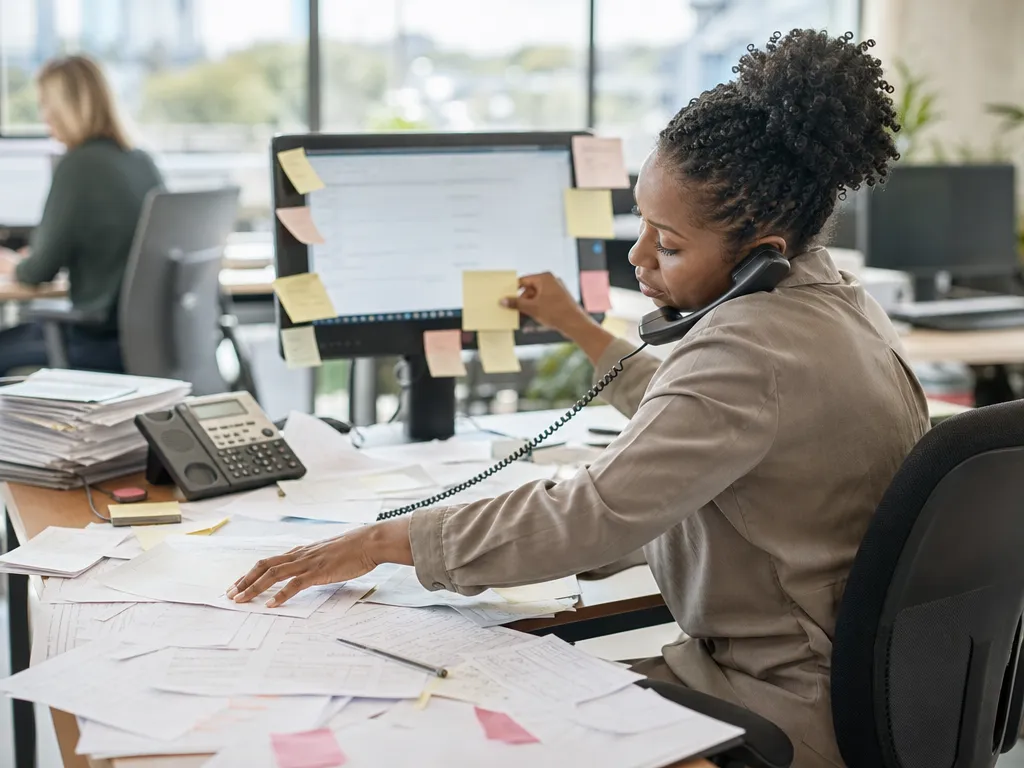 A back-office worker swamped by scattered paper orders and sticky notes around a monitor while taking a phone order.