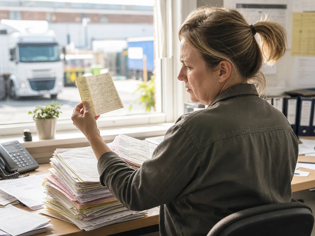 A depot coordinator holding up a scrawled, illegible paper delivery docket against a messy stack of carbon-copy PODs.
