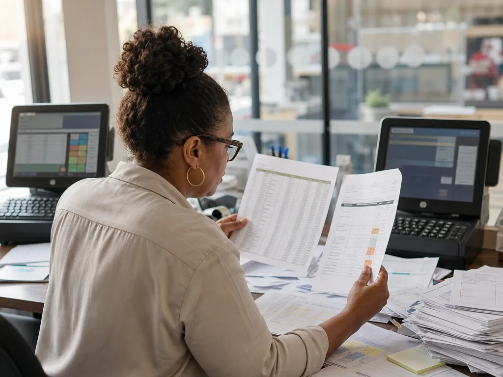A franchisor back-office manager reconciling the network by hand from a pile of mismatched printouts and incompatible till systems.