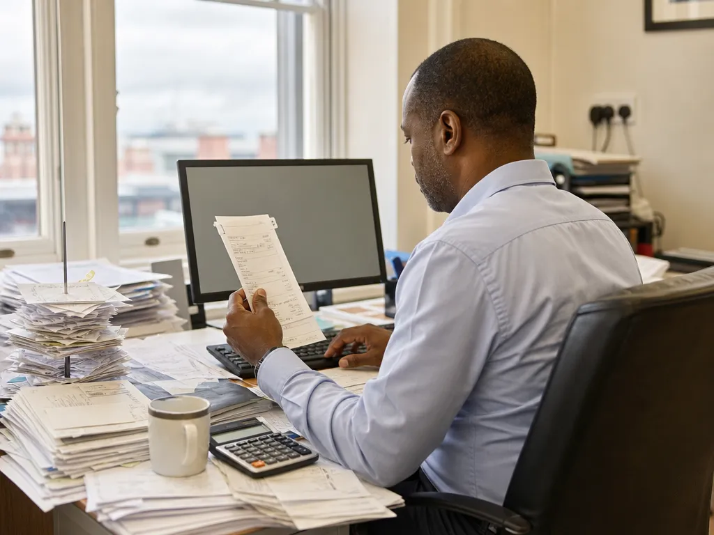 A finance worker re-keying figures from a paper docket into a second system, the same numbers typed twice.