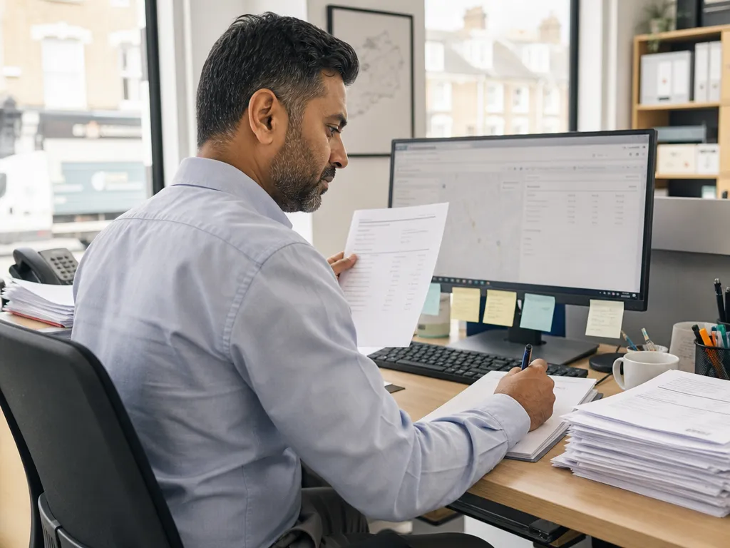 An office worker re-keying a printed consumer order between two disconnected systems.