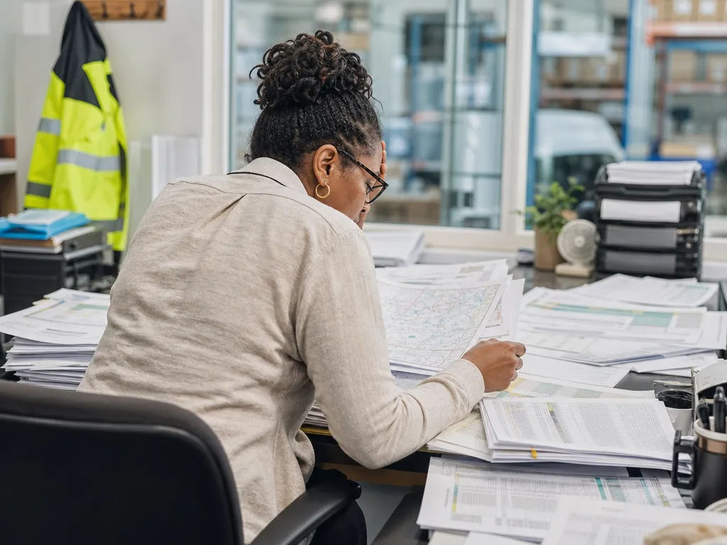 A back-office planner buried in printed route sheets and spreadsheet printouts, eyeballing the territory by hand before the vans roll out.