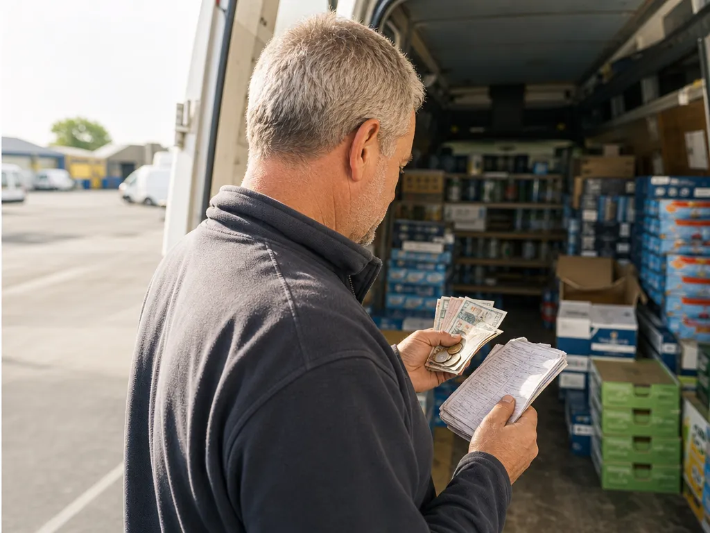 Van-sales driver counting loose cash against a paper receipt book in the back of a loaded van, the count not adding up.