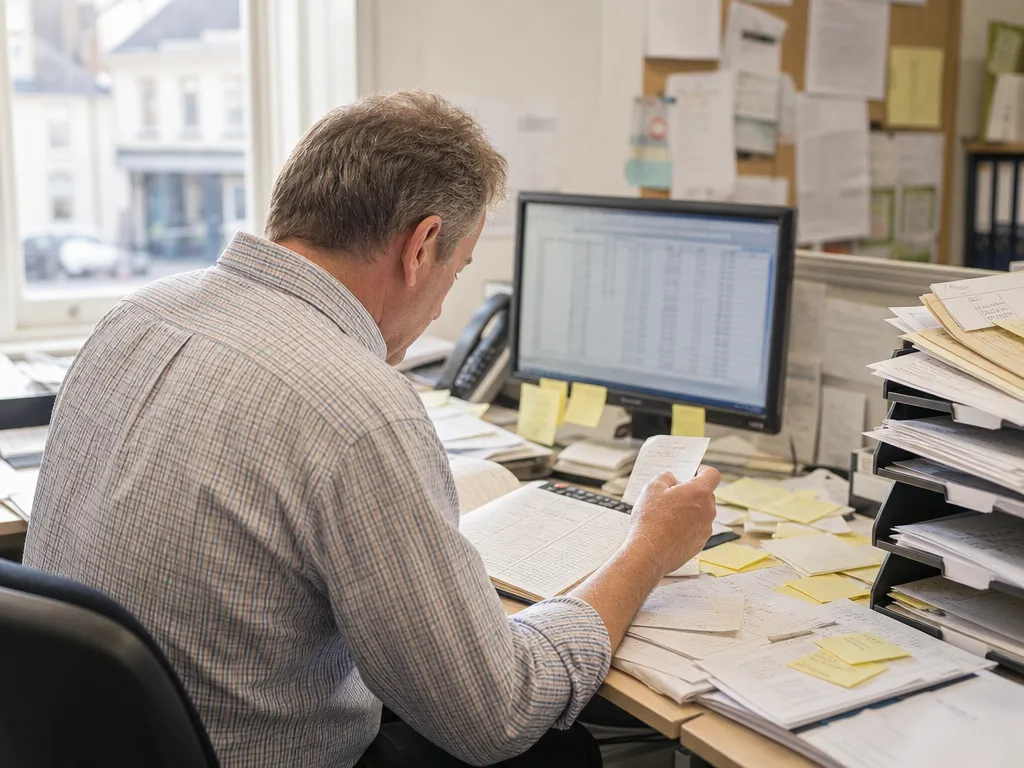 A back-office worker buried in scattered paper order books, loose slips and sticky notes, with no single source of truth.