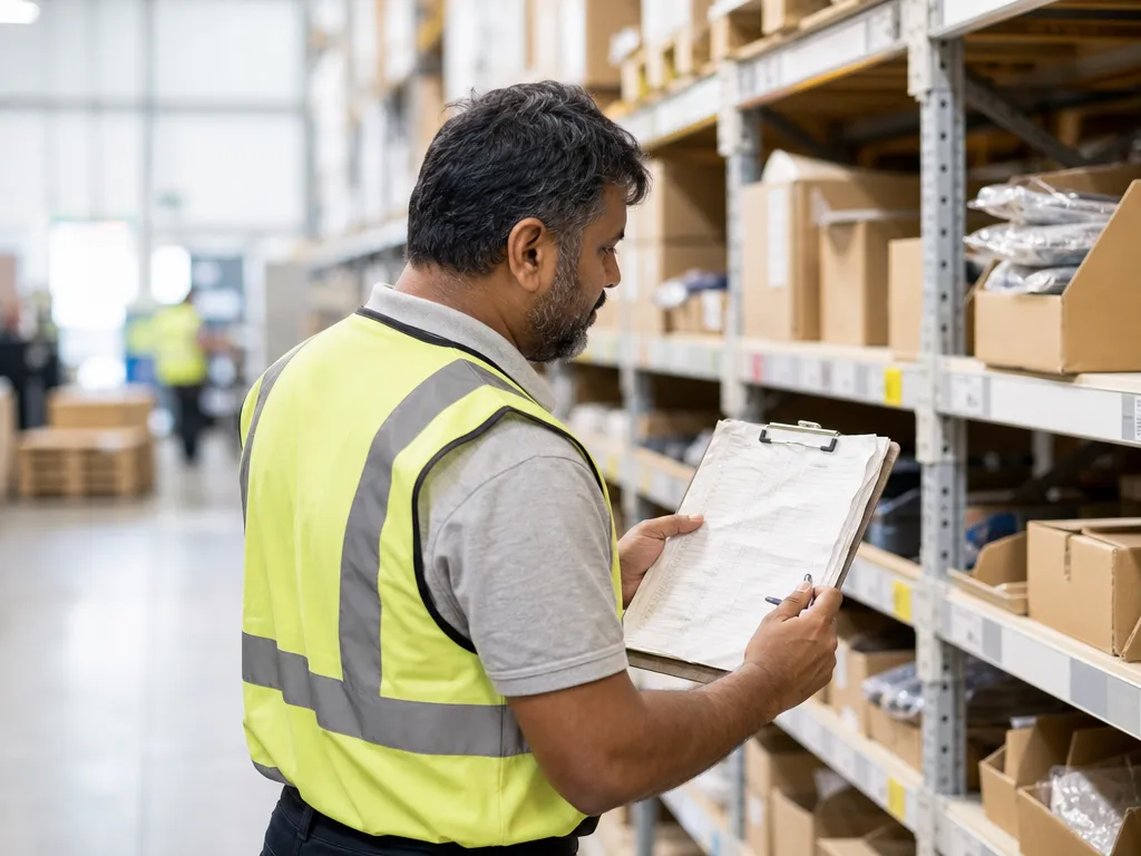 A picker walks a racking aisle squinting at a creased paper pick list on a clipboard, no device, no scan.