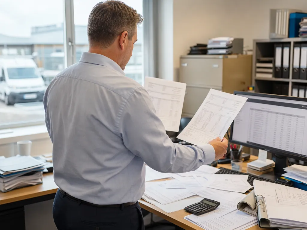 Finance worker hunting through printed invoices by hand to explain a single customer balance figure.