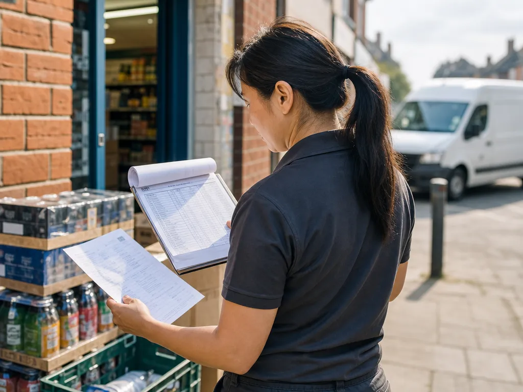 A driver at a shop doorstep flipping through a paper docket book and a printed account statement, unsure if the account is over its credit limit.