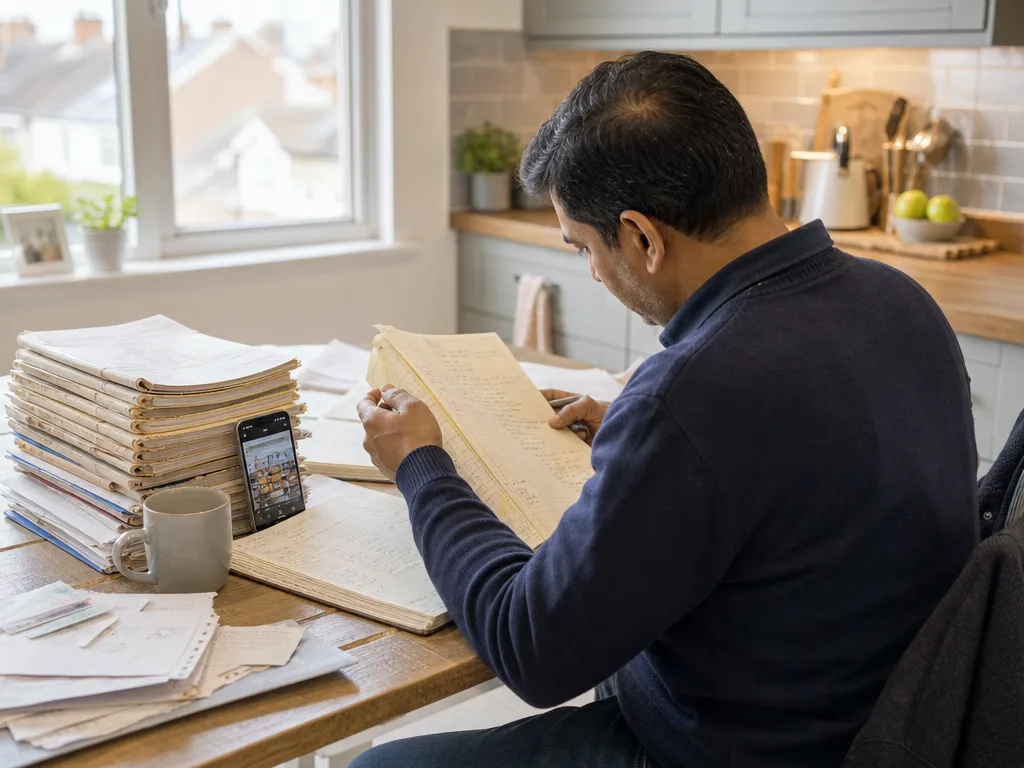 A weary rep at a home kitchen table doing late data entry from a thick stack of handwritten paper order books and loose dockets.