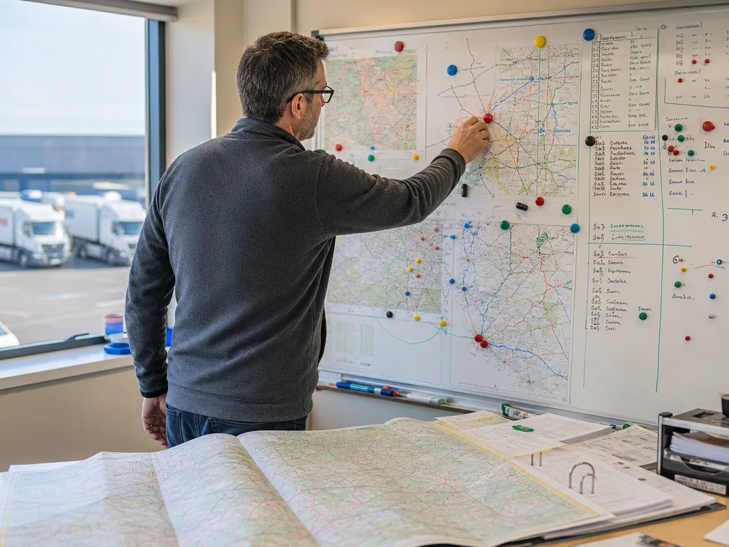A planner hand-builds the day’s routes on a magnetic whiteboard with magnets and a paper road atlas open on the desk.