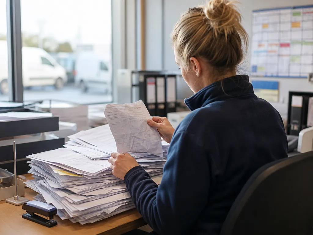 A supervisor sorting a pile of returned paper dockets at end of day, finding a failed drop only now.