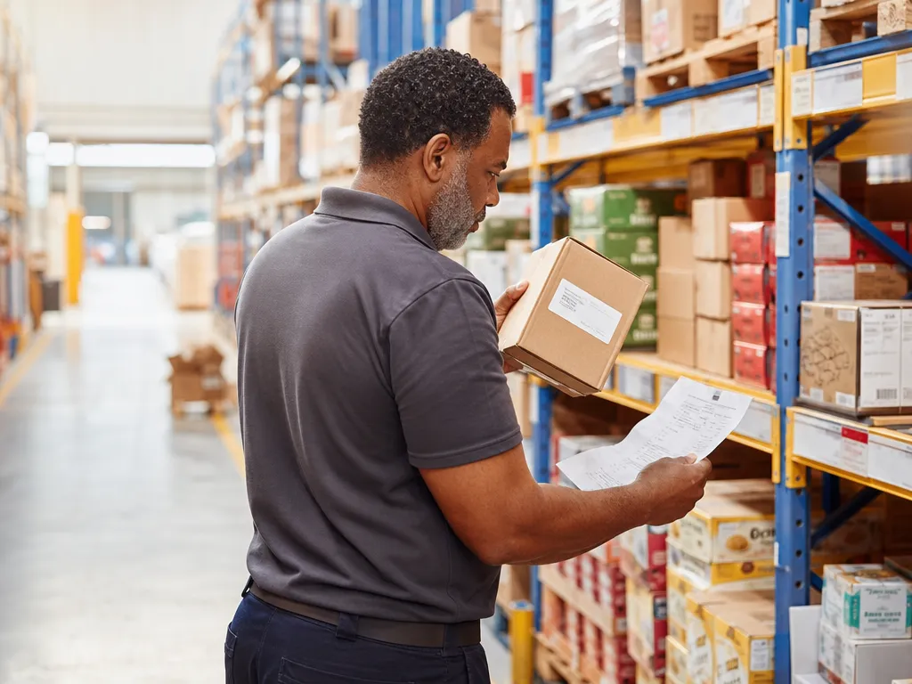 A warehouse operator who has pulled a wrong-date carton in error, checking a date label against a paper pick list amid cartons stacked with no FEFO order.