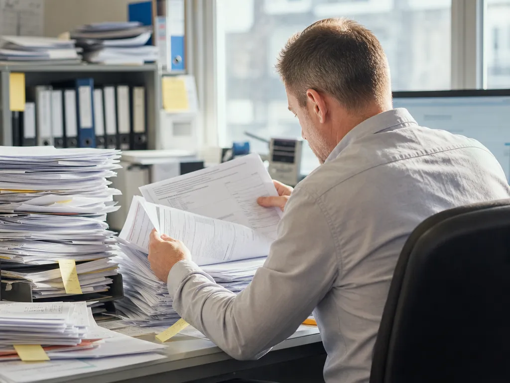 A finance worker thumbing through a teetering pile of printed orders waiting for sign-off with no credit check in sight.