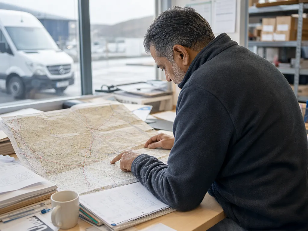 A planner tracing a delivery round by hand over a large paper road map, sequencing stops by instinct instead of an optimiser.