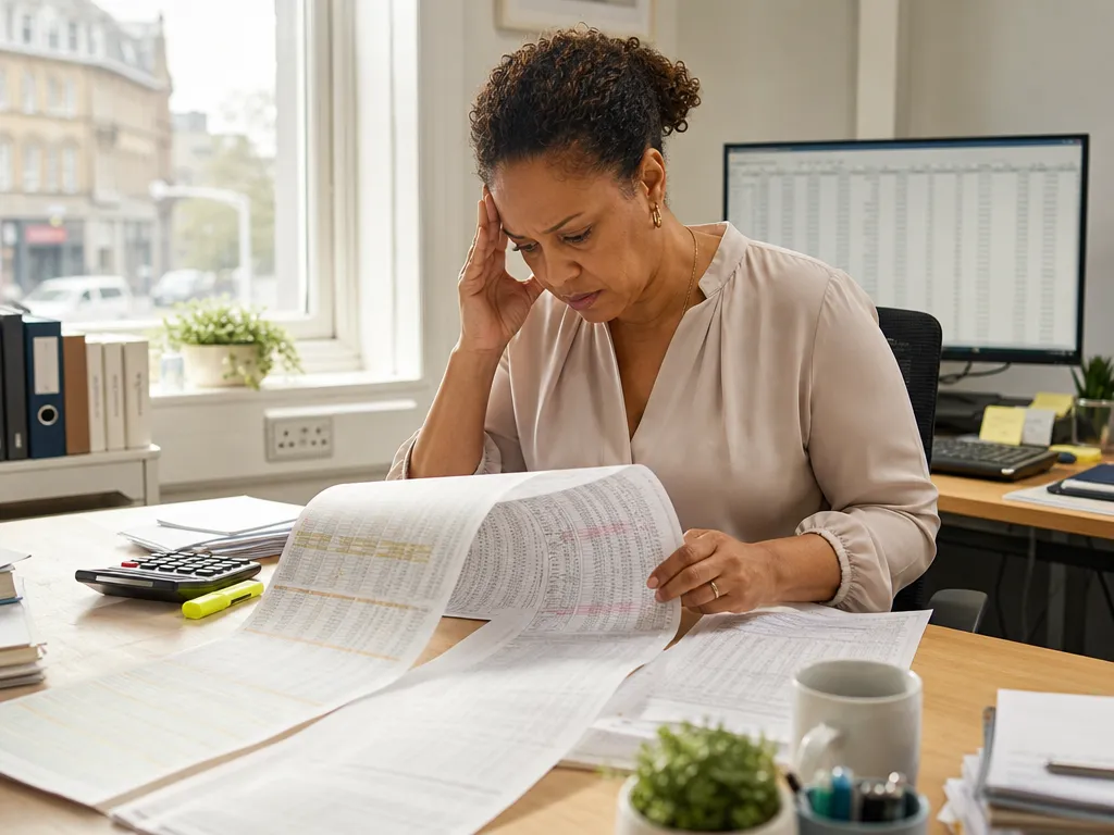 A finance worker confronted at month-end by a long printed ageing spreadsheet revealing a customer past-due and over-limit.