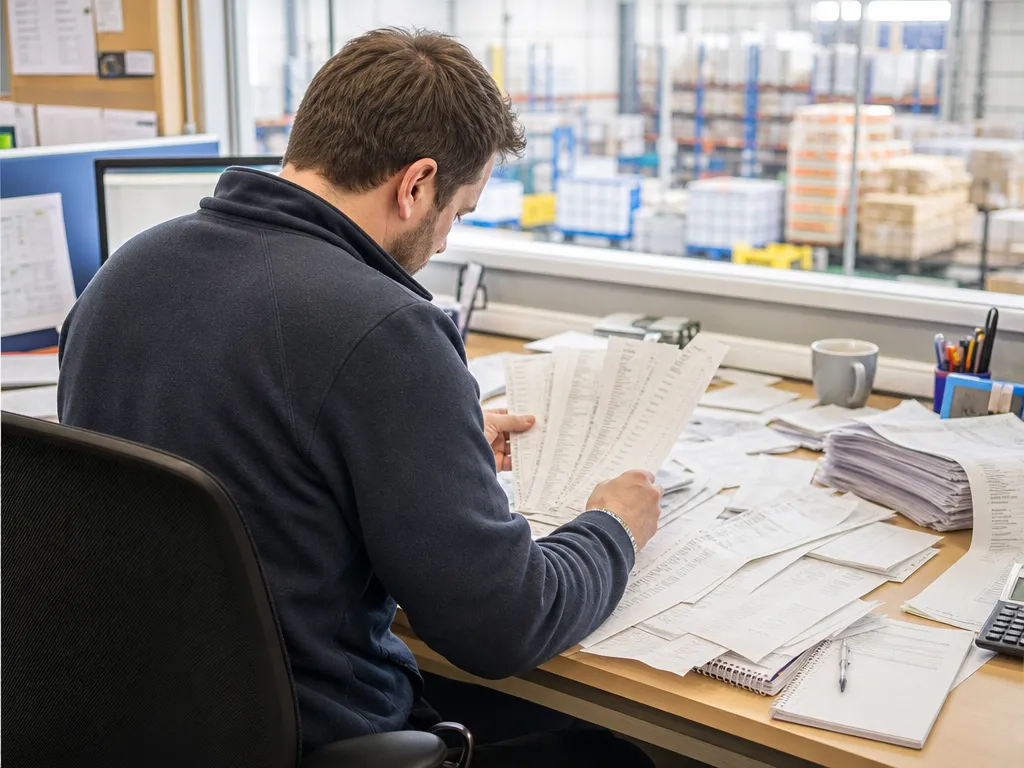 A planner hand-collating branch sales figures from a stack of paper till-roll reports because central can only see what shipped, not what sold.