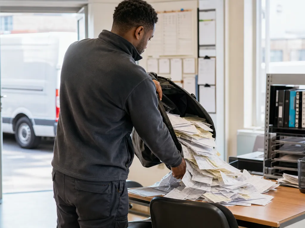A driver back at the depot tipping a thick wad of crumpled paper delivery notes out of a bag onto an admin desk.