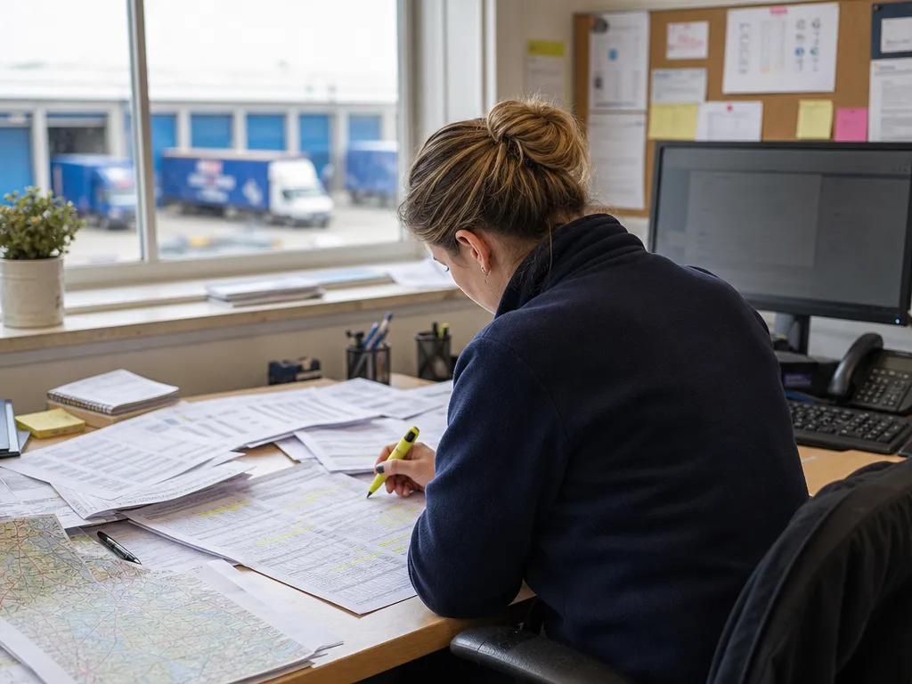 A planner buried in the morning’s printed route manifests, sequencing stops by hand with a highlighter.