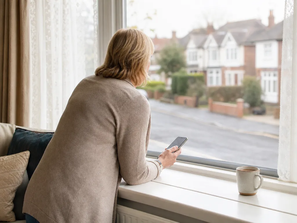 A consumer waiting at the window watching an empty street, no live ETA on her phone.