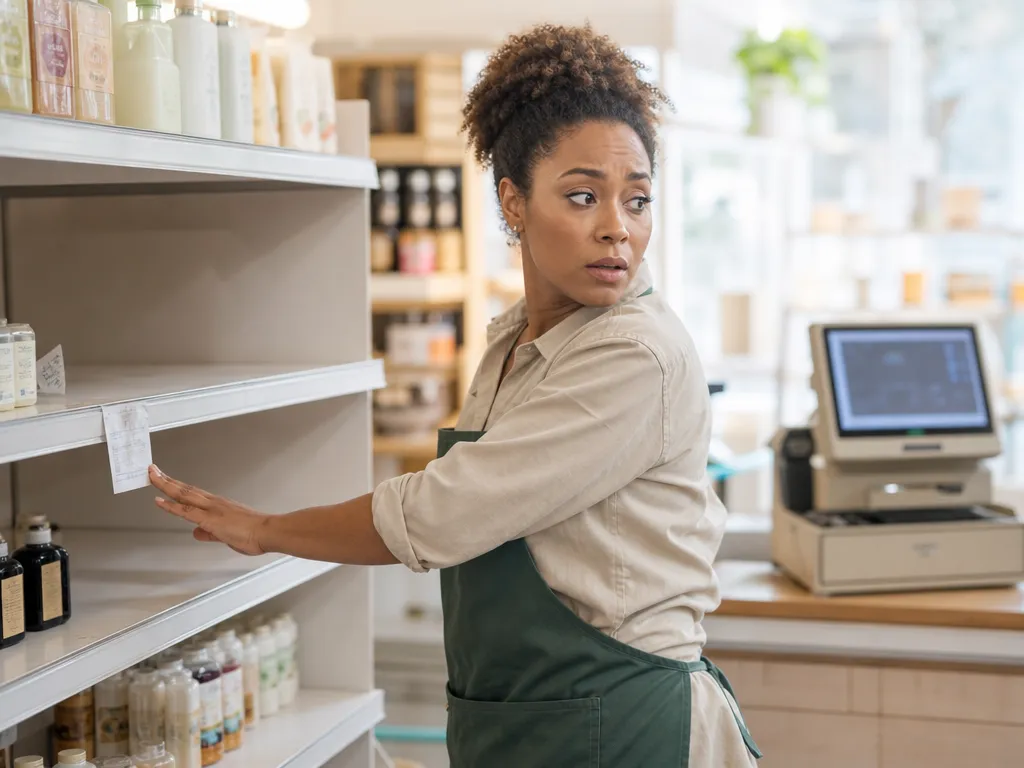 A staff member at an empty shelf gap while the legacy till behind still claims the item is in stock.