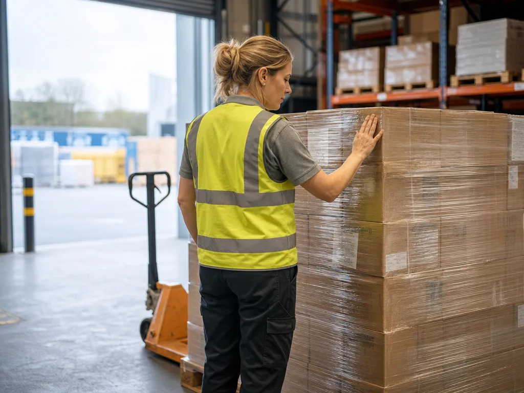 A receiver counts an inbound shrink-wrapped pallet by eye at the goods-in dock, no scan and no batch capture.