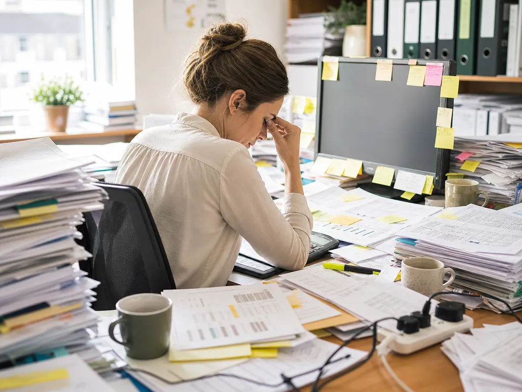 A month-end desk buried in printouts and sticky notes, a finance person mid-reconciliation amid the stacks.