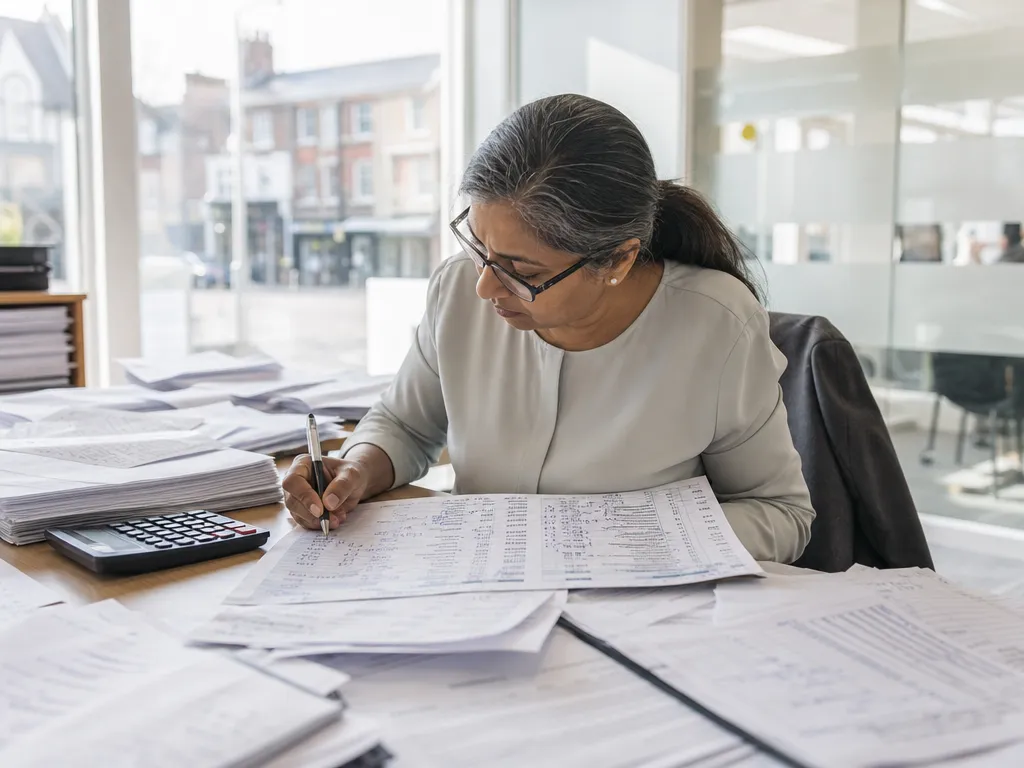 An accountant working royalties and supplier rebates out by hand on a messy marked-up printed spreadsheet near month-end.