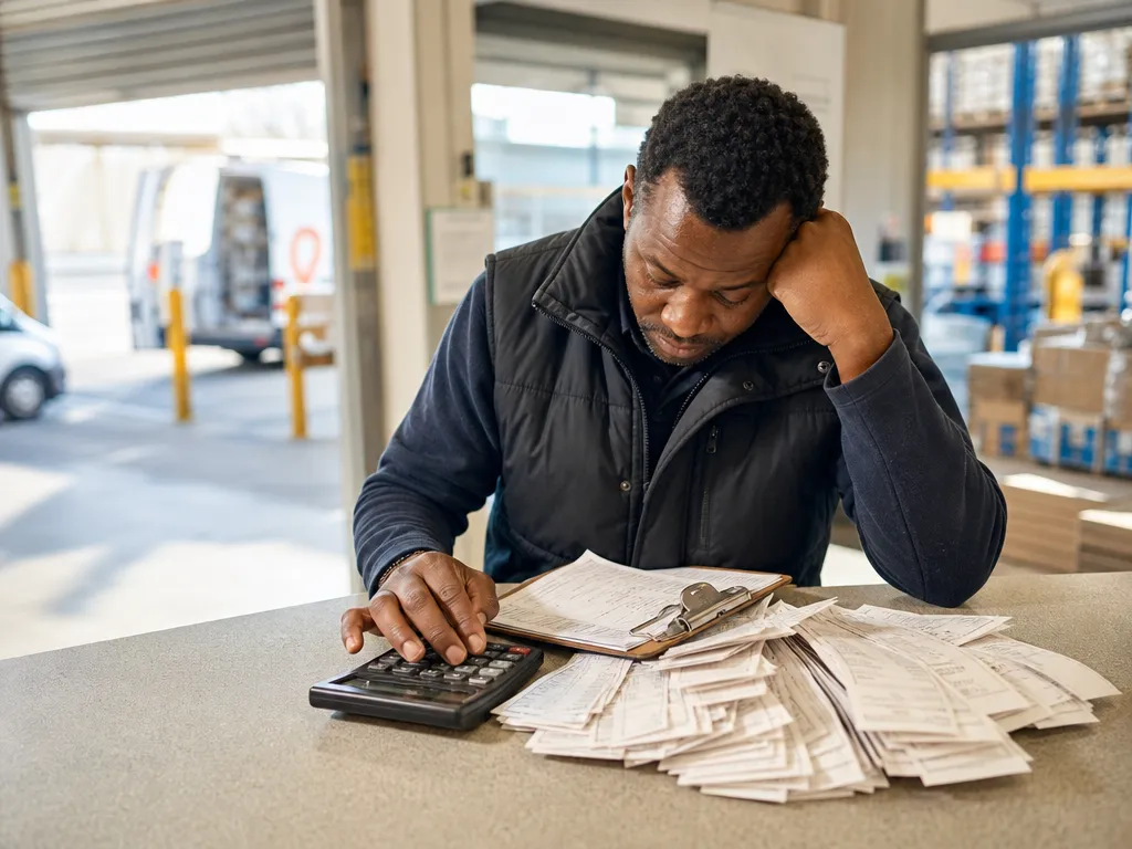 A tired van-sales driver hunched at a depot counter doing end-of-day reconciliation by hand with a clipboard, calculator and a thick stack of paper dockets.